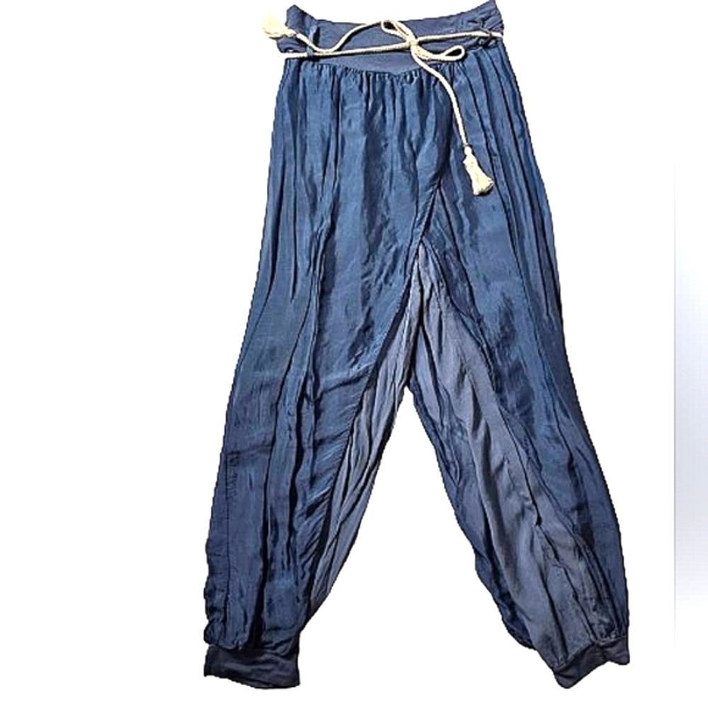 NWT, MEO MELL BLUE SILK HAREM WRAP JOGGER PANTS, one size - Picture 5 of 9